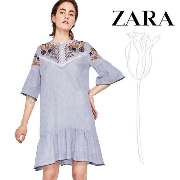 Zara Dresses & Skirts - ZARA Blue & White Striped Floral Embroidered Dress